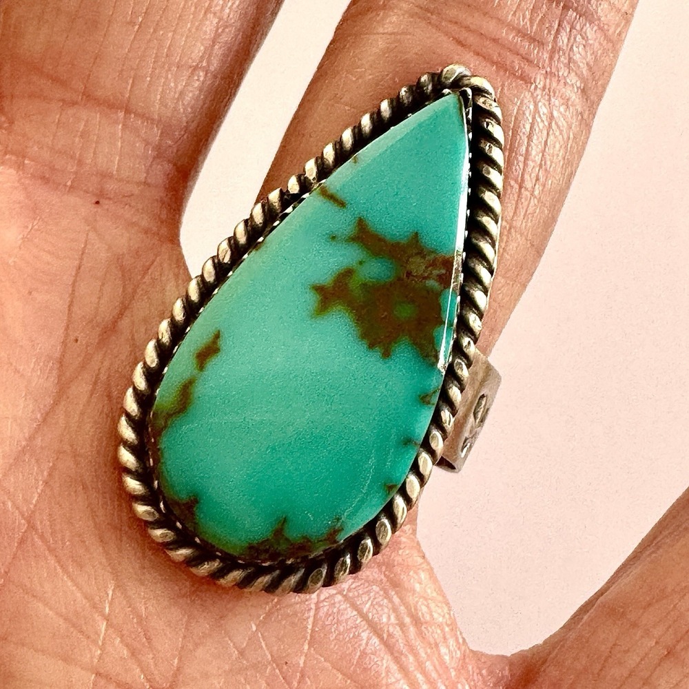 Navajo Turquoise Ring Sz 9 Flat Cab Sterling Signed Selina Warner Native Amer